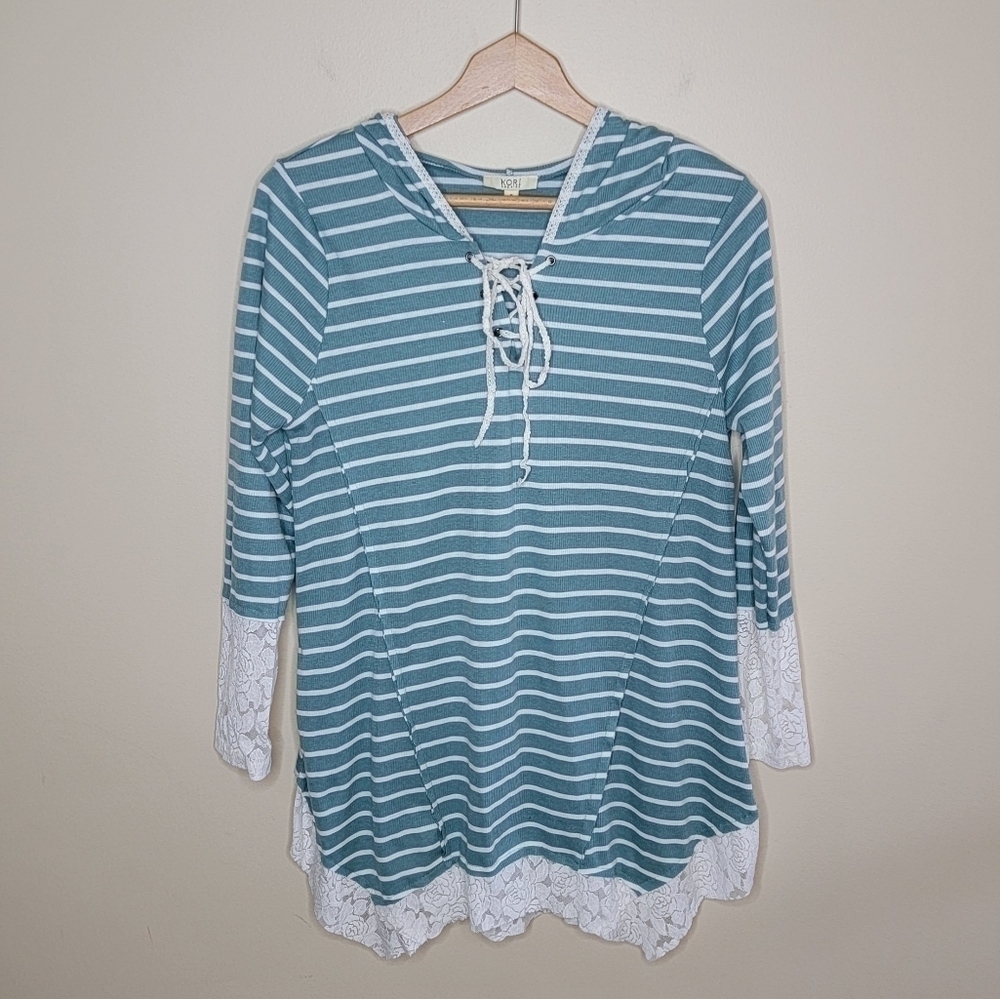 Kori Teal & White Lace Trimmed Hoodie Top Size Small